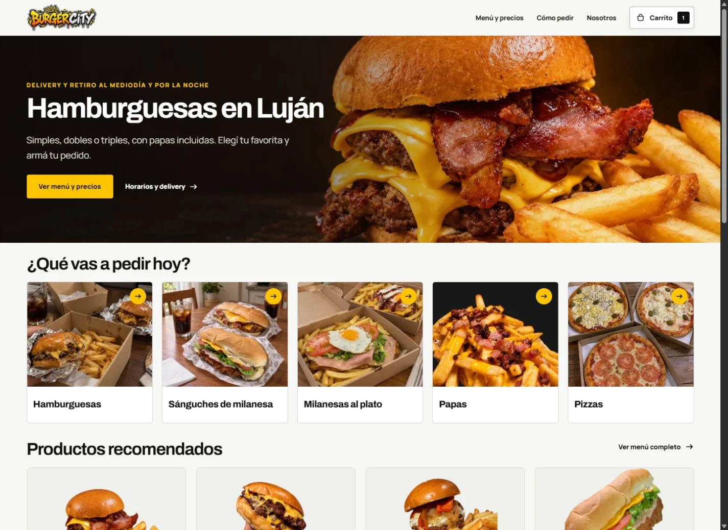 Web de Burger City Luján con hamburguesas, acceso al menú y categorías de productos