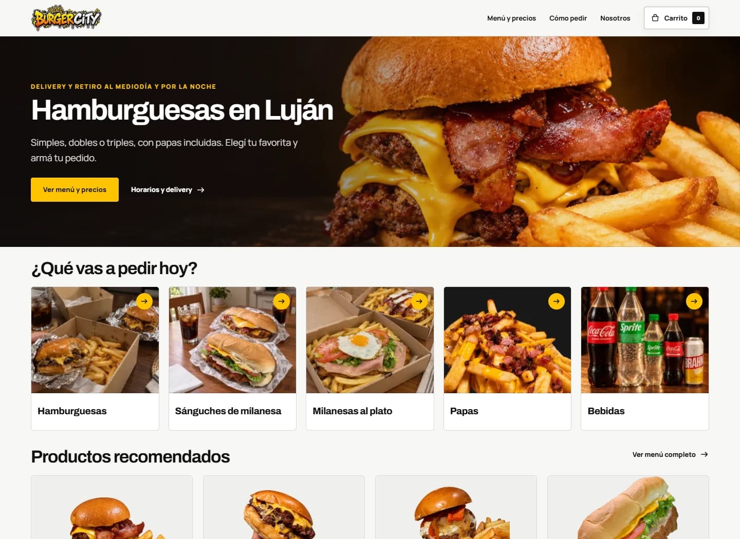 Web de Burger City Luján con hamburguesas, acceso al menú y categorías de productos