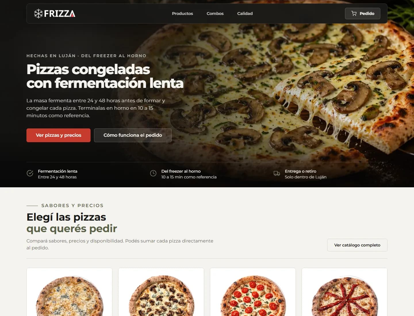 Home de Frizza con propuesta de pizzas congeladas y acceso al catálogo
