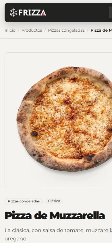 Ficha móvil de una pizza de muzzarella de Frizza