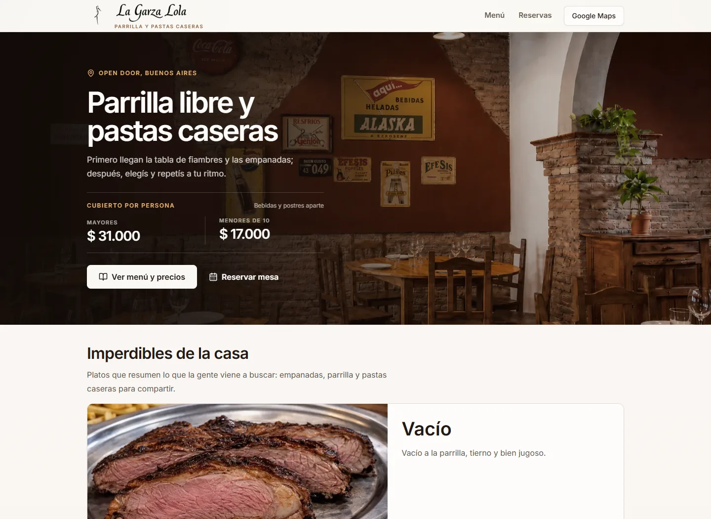 Home de La Garza Lola con su propuesta de parrilla libre, precios y accesos al menú y reservas