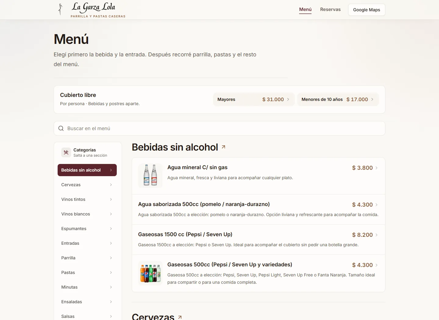 Menú web de La Garza Lola con búsqueda, categorías, platos y precios