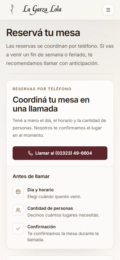 Página móvil de reservas de La Garza Lola con llamada telefónica y datos necesarios
