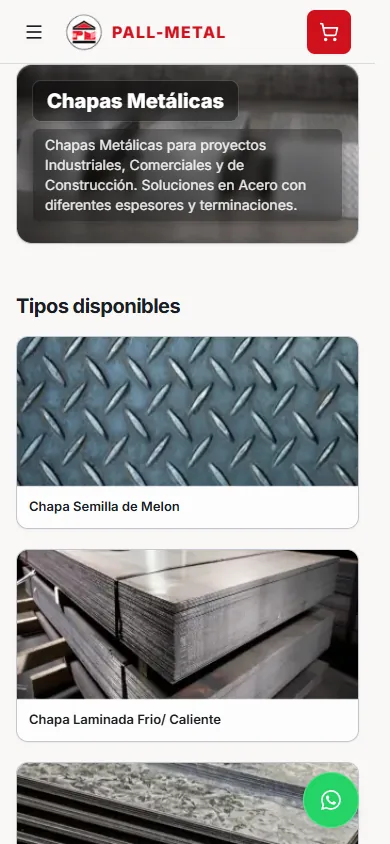 Vista móvil del catálogo de chapas de Pall-Metal con acceso directo a WhatsApp