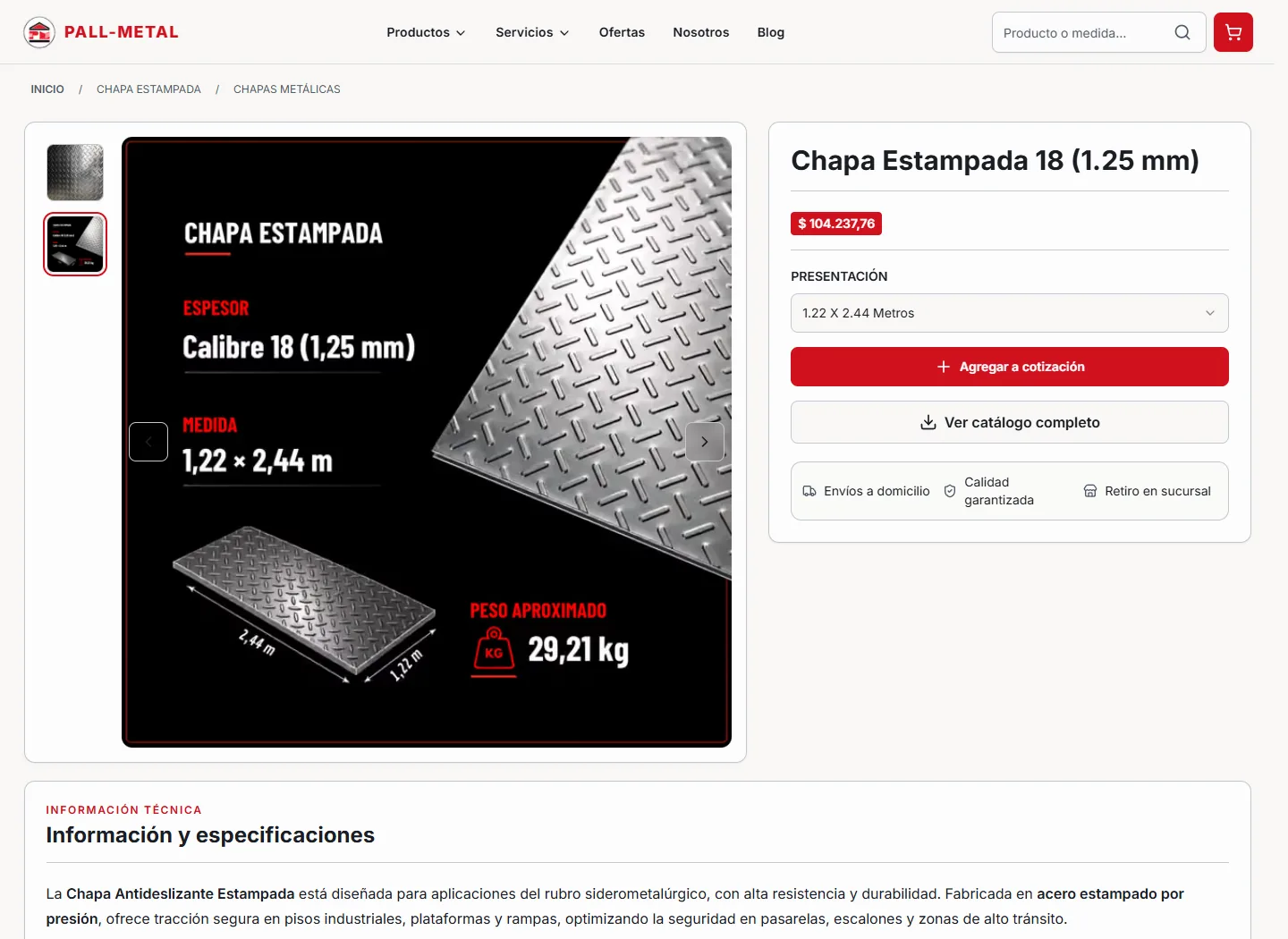 Ficha de una chapa estampada con medida, precio, variante y opción de agregar a cotización