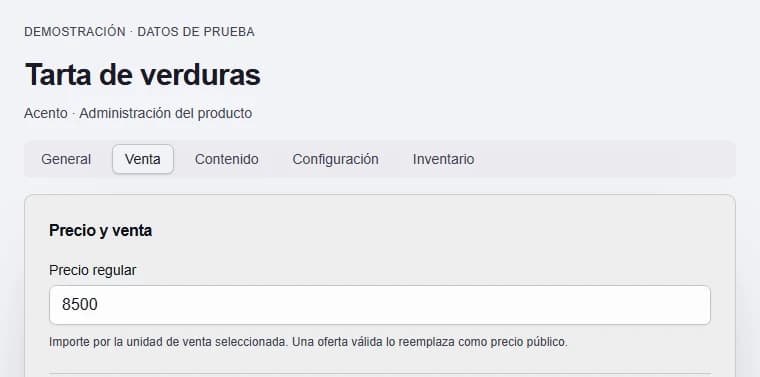 Editor real de Acento con el producto de prueba Tarta de verduras y su precio de 8.500 pesos