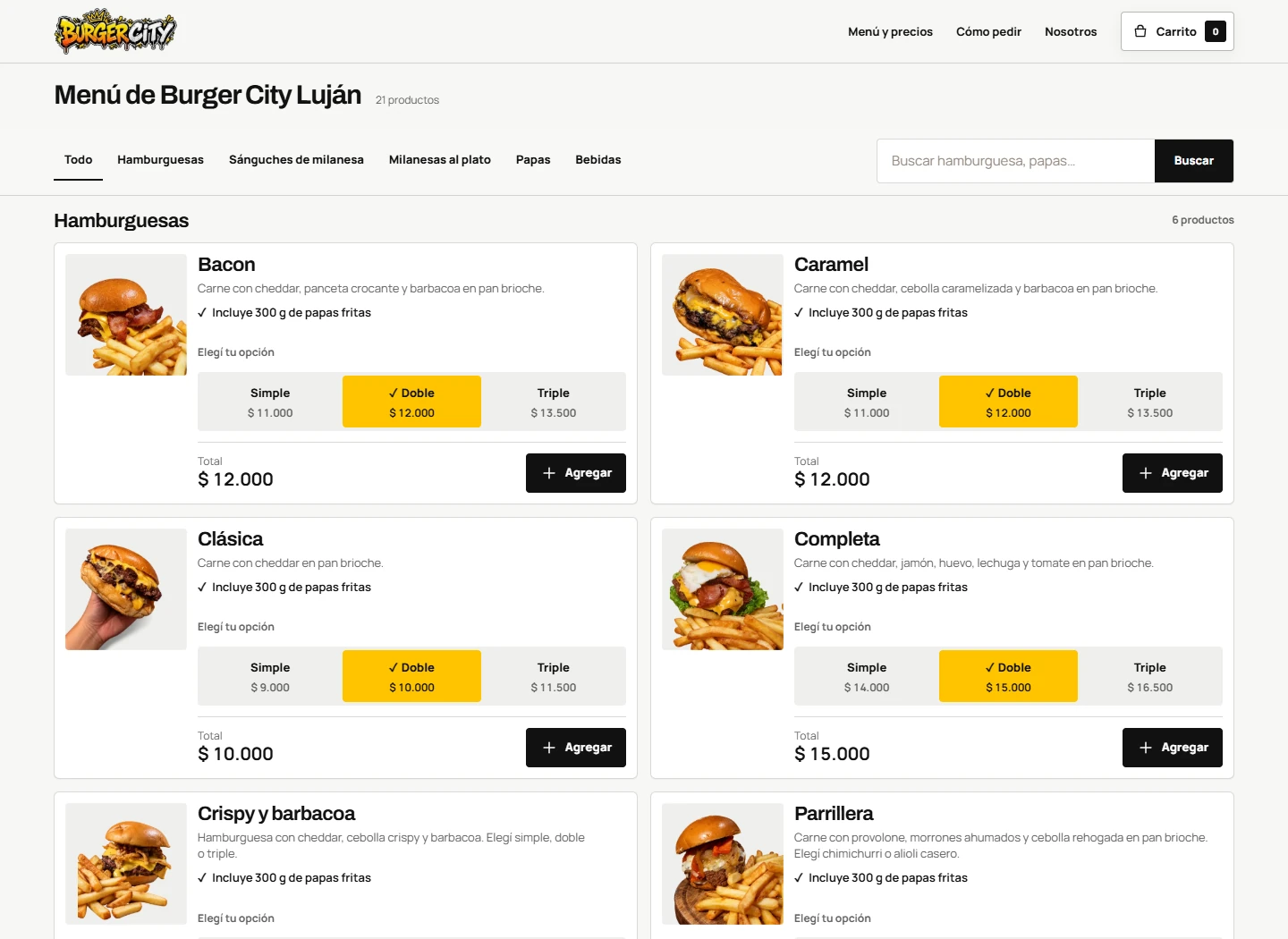 Menú web de Burger City con hamburguesas y variantes simple, doble y triple