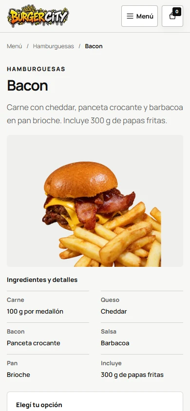 Ficha móvil de la hamburguesa Bacon de Burger City con imagen e ingredientes