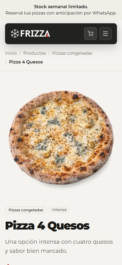 Ficha móvil de la Pizza 4 Quesos de Frizza, con fotografía, nombre y descripción del producto