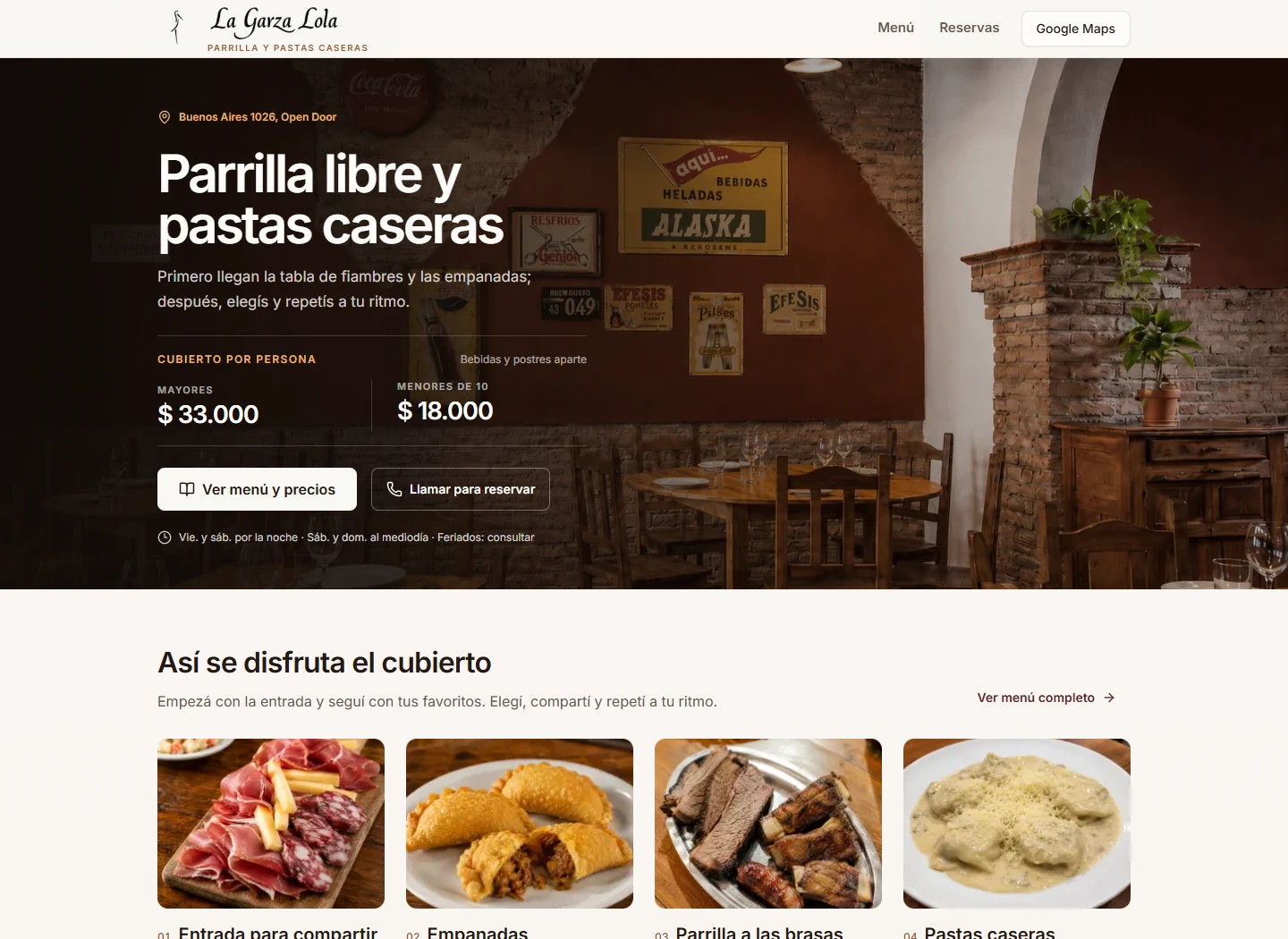 Home de La Garza Lola con su propuesta de parrilla libre, precios y accesos al menú y reservas