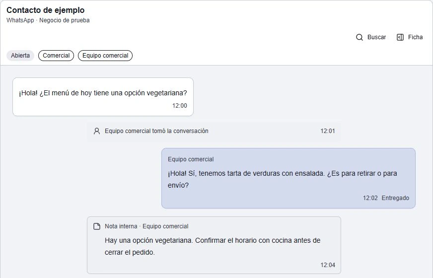 Conversación de prueba con responsable, respuesta del equipo y nota interna para continuar la atención