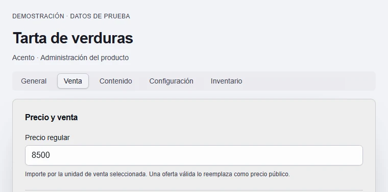 Editor real de Acento con el producto de prueba Tarta de verduras y su precio de 8.500 pesos