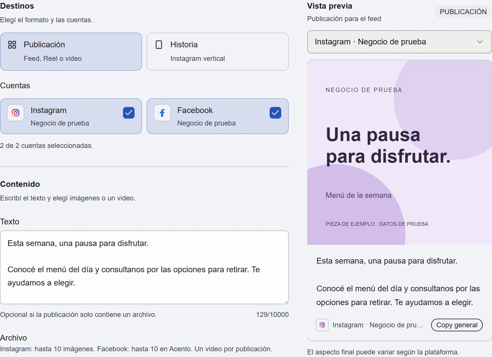 Publicación de prueba para Instagram con imagen y texto preparados y su vista previa en Acento